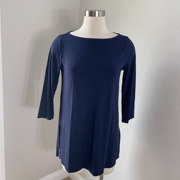 Eileen Fisher Womens XS Navy 3/4 Sleeve Tunic Top Viscose Blend Stretch Shirt - Picture 1 of 7